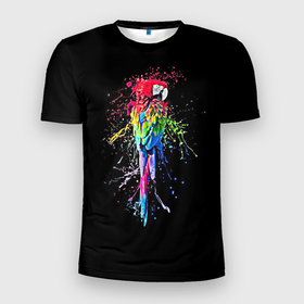 Мужская футболка 3D спортивная с принтом Попугай в Петрозаводске, 100% полиэстер с улучшенными характеристиками | приталенный силуэт, круглая горловина, широкие плечи, сужается к линии бедра | bird | colors | eweryday | life | nature | ара | креатив | повседневный стиль | попугай | природа | птица | радуга | разноцветный | темный