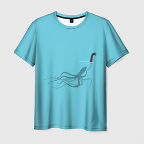 Мужская футболка 3D с принтом Тайна Лох-несского чудовища в Курске, 100% полиэфир | прямой крой, круглый вырез горловины, длина до линии бедер | арт | море | осьминог | рисунок | синий | шутка