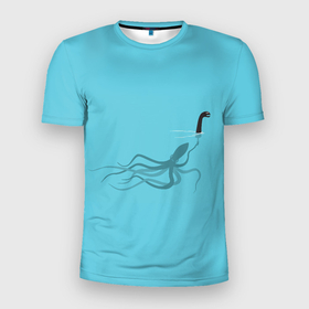 Мужская футболка 3D спортивная с принтом Тайна Лох-несского чудовища в Санкт-Петербурге, 100% полиэстер с улучшенными характеристиками | приталенный силуэт, круглая горловина, широкие плечи, сужается к линии бедра | арт | море | осьминог | рисунок | синий | шутка