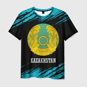 Мужская футболка 3D с принтом KAZAKHSTAN / КАЗАХСТАН в Тюмени, 100% полиэфир | прямой крой, круглый вырез горловины, длина до линии бедер | flag | kazakhstan | qazaqstan | герб | захах | казахстан | кахахи | лого | нур султан | республика | символ | страна | флаг