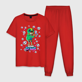 Мужская пижама хлопок с принтом Brawl STARS(Леон) в Тюмени, 100% хлопок | брюки и футболка прямого кроя, без карманов, на брюках мягкая резинка на поясе и по низу штанин
 | brawl | leon | moba | stars | supercell | игра | коллаж | леон | паттерн