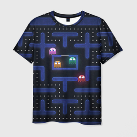 Мужская футболка 3D с принтом Pacman в Санкт-Петербурге, 100% полиэфир | прямой крой, круглый вырез горловины, длина до линии бедер | pac man | pacman | аркады | пакмэн