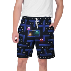 Мужские шорты 3D с принтом Pacman в Кировске,  полиэстер 100% | прямой крой, два кармана без застежек по бокам. Мягкая трикотажная резинка на поясе, внутри которой широкие завязки. Длина чуть выше колен | Тематика изображения на принте: pac man | pacman | аркады | пакмэн