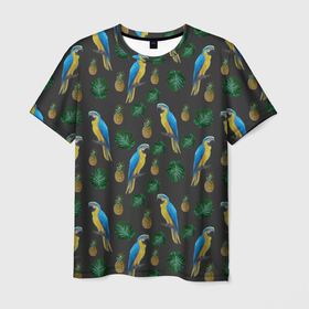 Мужская футболка 3D с принтом Попугай Ара в Петрозаводске, 100% полиэфир | прямой крой, круглый вырез горловины, длина до линии бедер | ананас | ара | девушкам | животные | летнее | парням | пляжное | попугаи | природа | птицы | студентам | тропический лист | яркое