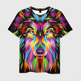 Мужская футболка 3D с принтом Neon wolf , 100% полиэфир | прямой крой, круглый вырез горловины, длина до линии бедер | color | ears | eyes | muzzle | neon | nose | paint | skin | view | wolf | взгляд | волк | глаза | краска | неон | нос | уши | цвет | шерсть
