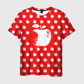 Мужская футболка 3D с принтом яблочки на красном фоне в Санкт-Петербурге, 100% полиэфир | прямой крой, круглый вырез горловины, длина до линии бедер | anime | death note | kira | manga | ryuk | аниме | герой | детектив | детнот | детх нот | детхнот | дэсу ното | иероглиф | кандзи | кира | манга | миса | риюк | рьюзаки | рюзаки | рюк | синигами | тетрадка | эл | э