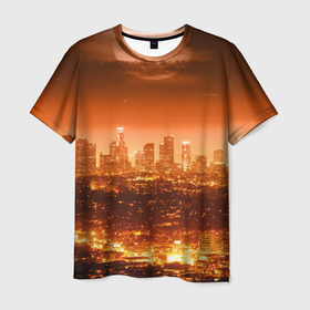 Мужская футболка 3D с принтом ночной город в Екатеринбурге, 100% полиэфир | прямой крой, круглый вырез горловины, длина до линии бедер | city | город | луна | ночной город | огни ночного города