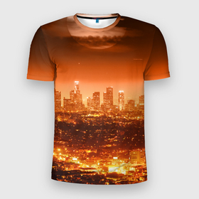 Мужская футболка 3D Slim с принтом ночной город в Тюмени, 100% полиэстер с улучшенными характеристиками | приталенный силуэт, круглая горловина, широкие плечи, сужается к линии бедра | city | город | луна | ночной город | огни ночного города