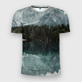 Мужская футболка 3D Slim с принтом отражение горы в озере в Петрозаводске, 100% полиэстер с улучшенными характеристиками | приталенный силуэт, круглая горловина, широкие плечи, сужается к линии бедра | гора | горы | озеро | отражение горы | природа