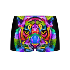 Мужские трусы 3D с принтом Neon tiger в Екатеринбурге, 50% хлопок, 50% полиэстер | классическая посадка, на поясе мягкая тканевая резинка | Тематика изображения на принте: color | ears | eyes | muzzle | neon | tiger | vanguard | view | авангард | взгляд | глаза | неон | тигр | уши | цвет