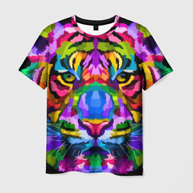 Мужская футболка 3D с принтом Neon tiger , 100% полиэфир | прямой крой, круглый вырез горловины, длина до линии бедер | color | ears | eyes | muzzle | neon | tiger | vanguard | view | авангард | взгляд | глаза | неон | тигр | уши | цвет