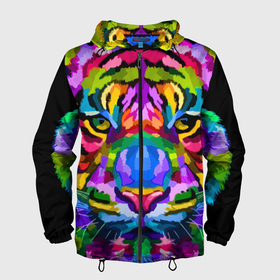 Мужская ветровка 3D с принтом Neon tiger в Тюмени, 100% полиэстер | подол и капюшон оформлены резинкой с фиксаторами, два кармана без застежек по бокам, один потайной карман на груди | color | ears | eyes | muzzle | neon | tiger | vanguard | view | авангард | взгляд | глаза | неон | тигр | уши | цвет