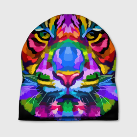 Шапка 3D с принтом Neon tiger , 100% полиэстер | универсальный размер, печать по всей поверхности изделия | color | ears | eyes | muzzle | neon | tiger | vanguard | view | авангард | взгляд | глаза | неон | тигр | уши | цвет