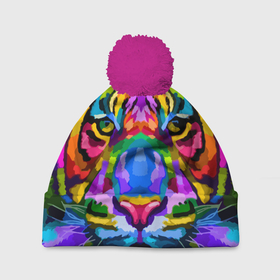 Шапка 3D c помпоном с принтом Neon tiger в Екатеринбурге, 100% полиэстер | универсальный размер, печать по всей поверхности изделия | color | ears | eyes | muzzle | neon | tiger | vanguard | view | авангард | взгляд | глаза | неон | тигр | уши | цвет
