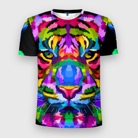 Мужская футболка 3D спортивная с принтом Neon tiger в Белгороде, 100% полиэстер с улучшенными характеристиками | приталенный силуэт, круглая горловина, широкие плечи, сужается к линии бедра | color | ears | eyes | muzzle | neon | tiger | vanguard | view | авангард | взгляд | глаза | неон | тигр | уши | цвет