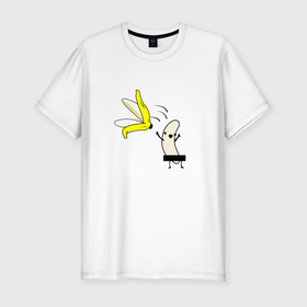 Мужская футболка хлопок Slim с принтом Зрелый Банан в Екатеринбурге, 92% хлопок, 8% лайкра | приталенный силуэт, круглый вырез ворота, длина до линии бедра, короткий рукав | Тематика изображения на принте: банан | веселый | желтый | кожура | ниже пояса | нудист | прикол | рисунок | фрукт | юмор