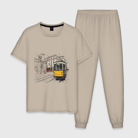 Мужская пижама хлопок с принтом Белый и желтый поезд в Петрозаводске, 100% хлопок | брюки и футболка прямого кроя, без карманов, на брюках мягкая резинка на поясе и по низу штанин
 | белый и желтый поезд | город | дорога | трамвай | транспорт | улица