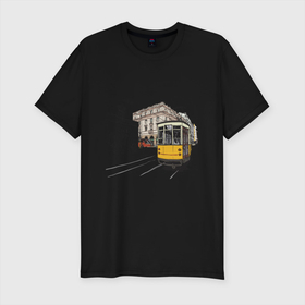 Мужская футболка хлопок Slim с принтом Белый и желтый поезд , 92% хлопок, 8% лайкра | приталенный силуэт, круглый вырез ворота, длина до линии бедра, короткий рукав | белый и желтый поезд | город | дорога | трамвай | транспорт | улица