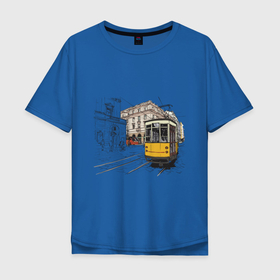Мужская футболка хлопок Oversize с принтом Белый и желтый поезд в Тюмени, 100% хлопок | свободный крой, круглый ворот, “спинка” длиннее передней части | белый и желтый поезд | город | дорога | трамвай | транспорт | улица