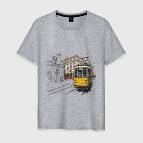 Мужская футболка хлопок с принтом Белый и желтый поезд в Петрозаводске, 100% хлопок | прямой крой, круглый вырез горловины, длина до линии бедер, слегка спущенное плечо. | белый и желтый поезд | город | дорога | трамвай | транспорт | улица