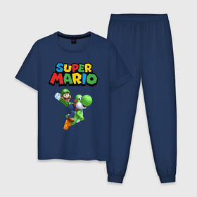 Мужская пижама хлопок с принтом Super Mario в Санкт-Петербурге, 100% хлопок | брюки и футболка прямого кроя, без карманов, на брюках мягкая резинка на поясе и по низу штанин
 | game | mario kart live home circuit | super mario | super mario 3d world | super mario 64 | super mario galaxy | super mario sunshine | гумба | игра super mario | игра марио | йоши | купалинги | лакиту | луиджи | марио | надпись | нинтендо | 