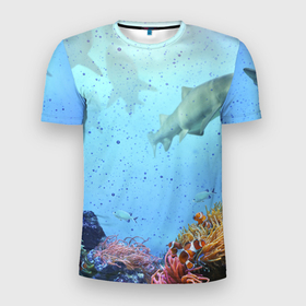 Мужская футболка 3D Slim с принтом акулы в Петрозаводске, 100% полиэстер с улучшенными характеристиками | приталенный силуэт, круглая горловина, широкие плечи, сужается к линии бедра | Тематика изображения на принте: аквариум | акула | море | морской житель | океан