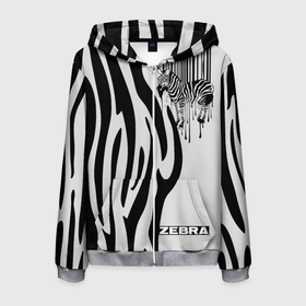 Мужская толстовка 3D на молнии с принтом Zebra в Екатеринбурге, 100% полиэстер | длина до линии бедра, манжеты и пояс оформлены мягкой тканевой резинкой, двухслойный капюшон со шнурком для регулировки, спереди молния, по бокам два кармана | Тематика изображения на принте: животное | зебра | полосы | черный | штрихкод