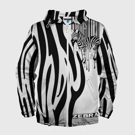 Мужская ветровка 3D с принтом Zebra в Санкт-Петербурге, 100% полиэстер | подол и капюшон оформлены резинкой с фиксаторами, два кармана без застежек по бокам, один потайной карман на груди | животное | зебра | полосы | черный | штрихкод