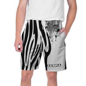 Мужские шорты 3D с принтом Zebra в Екатеринбурге,  полиэстер 100% | прямой крой, два кармана без застежек по бокам. Мягкая трикотажная резинка на поясе, внутри которой широкие завязки. Длина чуть выше колен | Тематика изображения на принте: животное | зебра | полосы | черный | штрихкод