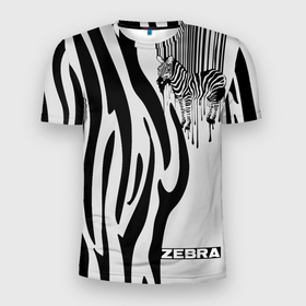 Мужская футболка 3D Slim с принтом Zebra в Екатеринбурге, 100% полиэстер с улучшенными характеристиками | приталенный силуэт, круглая горловина, широкие плечи, сужается к линии бедра | животное | зебра | полосы | черный | штрихкод