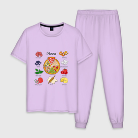 Мужская пижама хлопок с принтом Рецепт пиццы в Петрозаводске, 100% хлопок | брюки и футболка прямого кроя, без карманов, на брюках мягкая резинка на поясе и по низу штанин
 | Тематика изображения на принте: блюдо | грибы | колбаса | колбаска | креветки | кусочки пиццы | мята | оливки | перец | пицца | помидоры | сыр | тесто