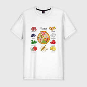 Мужская футболка хлопок Slim с принтом Рецепт пиццы в Курске, 92% хлопок, 8% лайкра | приталенный силуэт, круглый вырез ворота, длина до линии бедра, короткий рукав | Тематика изображения на принте: блюдо | грибы | колбаса | колбаска | креветки | кусочки пиццы | мята | оливки | перец | пицца | помидоры | сыр | тесто