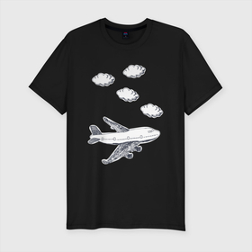 Мужская футболка хлопок Slim с принтом Самолет в облаках в Кировске, 92% хлопок, 8% лайкра | приталенный силуэт, круглый вырез ворота, длина до линии бедра, короткий рукав | air | airplane | авиа | авиакомпания | авиаперевозки | летает | облака | облачка | самолет | самолетик