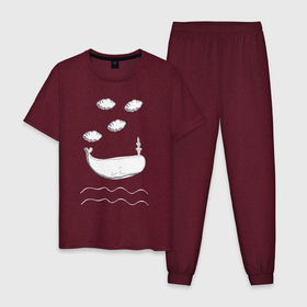 Мужская пижама хлопок с принтом Кит в облаках в Белгороде, 100% хлопок | брюки и футболка прямого кроя, без карманов, на брюках мягкая резинка на поясе и по низу штанин
 | вода | волны | кит | китенок | морской | нарисованный кит | облака | рисованный кит