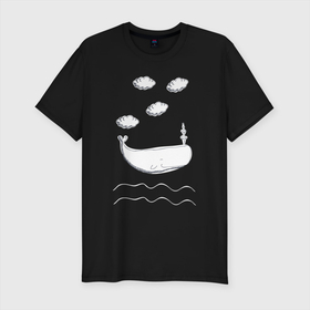 Мужская футболка хлопок Slim с принтом Кит в облаках в Кировске, 92% хлопок, 8% лайкра | приталенный силуэт, круглый вырез ворота, длина до линии бедра, короткий рукав | вода | волны | кит | китенок | морской | нарисованный кит | облака | рисованный кит