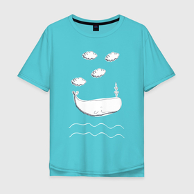Мужская футболка хлопок Oversize с принтом Кит в облаках в Санкт-Петербурге, 100% хлопок | свободный крой, круглый ворот, “спинка” длиннее передней части | вода | волны | кит | китенок | морской | нарисованный кит | облака | рисованный кит