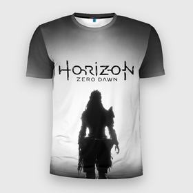 Мужская футболка 3D Slim с принтом Horizon Zero Dawn в Курске, 100% полиэстер с улучшенными характеристиками | приталенный силуэт, круглая горловина, широкие плечи, сужается к линии бедра | fog | girl | horizon zero dawn | девушка | силуэт | туман | хоризон зеро давн