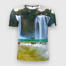 Мужская футболка 3D Slim с принтом водопад в Белгороде, 100% полиэстер с улучшенными характеристиками | приталенный силуэт, круглая горловина, широкие плечи, сужается к линии бедра | водопад | джунгли | лес | природа | река