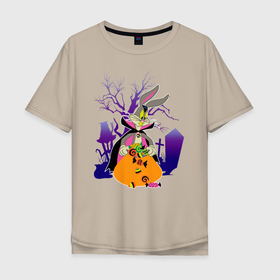 Мужская футболка хлопок Oversize с принтом Багз Хэллоуин в Тюмени, 100% хлопок | свободный крой, круглый ворот, “спинка” длиннее передней части | bugs bunny | looney tunes | vdzabma | багз банни | луни тюнз