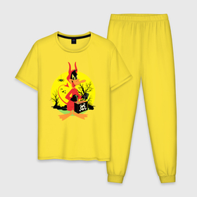 Мужская пижама хлопок с принтом Даффи Хэллоуин в Тюмени, 100% хлопок | брюки и футболка прямого кроя, без карманов, на брюках мягкая резинка на поясе и по низу штанин
 | daffy duck | looney tunes | vdzabma | даффи дак | луни тюнз