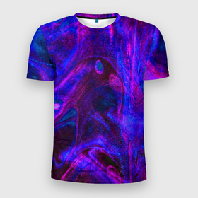 Мужская футболка 3D Slim с принтом Space в Тюмени, 100% полиэстер с улучшенными характеристиками | приталенный силуэт, круглая горловина, широкие плечи, сужается к линии бедра | abstraction | glitter | paint | stains | абстракция | блестки | краска | разводы | розовый | синий