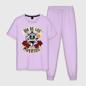 Мужская пижама хлопок с принтом Dia De Los Muertos , 100% хлопок | брюки и футболка прямого кроя, без карманов, на брюках мягкая резинка на поясе и по низу штанин
 | daffy duck | looney tunes | vdzabma | даффи дак | луни тюнз