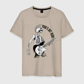 Мужская футболка хлопок с принтом Punks not dead в Екатеринбурге, 100% хлопок | прямой крой, круглый вырез горловины, длина до линии бедер, слегка спущенное плечо. | guitar | motto | music | punk | rock | skeleton | skull | гитара | девиз | музыка | панк | рок | скелет | череп