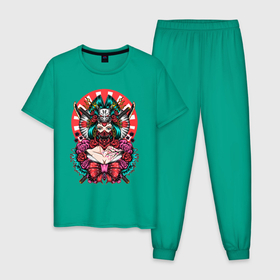 Мужская пижама хлопок с принтом Японская гейша воительница в Новосибирске, 100% хлопок | брюки и футболка прямого кроя, без карманов, на брюках мягкая резинка на поясе и по низу штанин
 | Тематика изображения на принте: катана | цветы | череп | япония