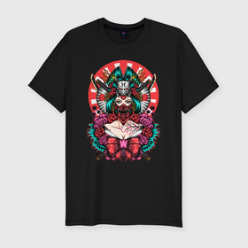 Мужская футболка хлопок Slim с принтом Японская гейша воительница в Белгороде, 92% хлопок, 8% лайкра | приталенный силуэт, круглый вырез ворота, длина до линии бедра, короткий рукав | Тематика изображения на принте: катана | цветы | череп | япония