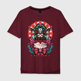 Мужская футболка хлопок Oversize с принтом Японская гейша воительница , 100% хлопок | свободный крой, круглый ворот, “спинка” длиннее передней части | Тематика изображения на принте: катана | цветы | череп | япония