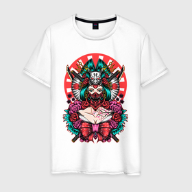 Мужская футболка хлопок с принтом Японская гейша воительница , 100% хлопок | прямой крой, круглый вырез горловины, длина до линии бедер, слегка спущенное плечо. | катана | цветы | череп | япония