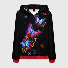 Мужская толстовка 3D на молнии с принтом Поцелуй бабочек в Новосибирске, 100% полиэстер | длина до линии бедра, манжеты и пояс оформлены мягкой тканевой резинкой, двухслойный капюшон со шнурком для регулировки, спереди молния, по бокам два кармана | angel | butterfly | fairy | neon | night | wings | ангел | бабочка | бабочки | девушке | животные | красочные | крылья | летающие | магия | махаон | мотыльки | насекомые | неоновые | ночные | ночь | подарок | природа