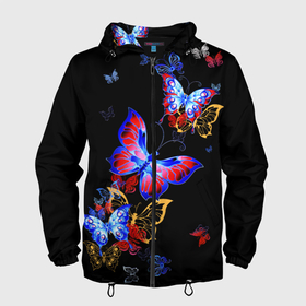 Мужская ветровка 3D с принтом Поцелуй бабочек в Новосибирске, 100% полиэстер | подол и капюшон оформлены резинкой с фиксаторами, два кармана без застежек по бокам, один потайной карман на груди | Тематика изображения на принте: angel | butterfly | fairy | neon | night | wings | ангел | бабочка | бабочки | девушке | животные | красочные | крылья | летающие | магия | махаон | мотыльки | насекомые | неоновые | ночные | ночь | подарок | природа