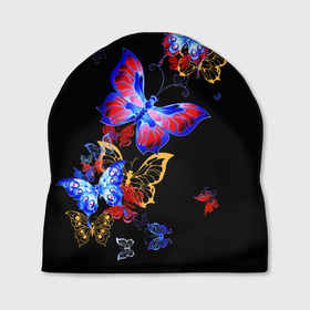 Шапка 3D с принтом Поцелуй бабочек , 100% полиэстер | универсальный размер, печать по всей поверхности изделия | Тематика изображения на принте: angel | butterfly | fairy | neon | night | wings | ангел | бабочка | бабочки | девушке | животные | красочные | крылья | летающие | магия | махаон | мотыльки | насекомые | неоновые | ночные | ночь | подарок | природа